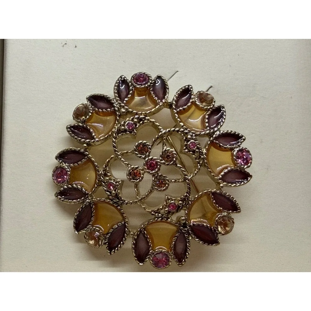 Monet 2 Signed Rhinestone and Enamel Brooch Purple Multi Color Original Box‎ 2
